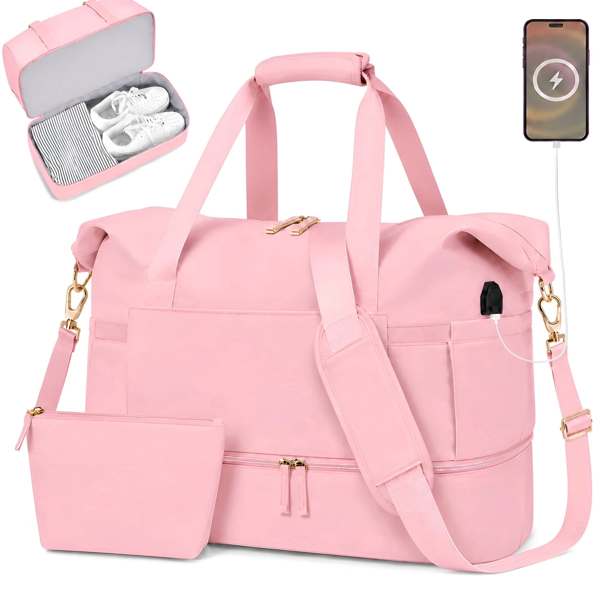 Travel Duffle Bag Set for Women 2 Pack, Large Waterproof Weekender Overnight Carry on with Toiletry Bag/Usb Charging Port/Wet Pocket/Shoe Compartment, Gym Hospital Labor Delivery Duffel Tote