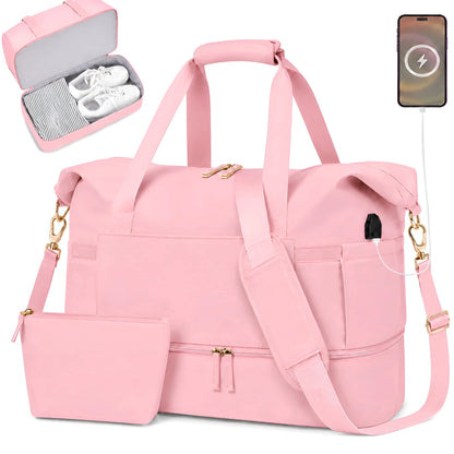 Travel Duffle Bag Set for Women 2 Pack, Large Waterproof Weekender Overnight Carry on with Toiletry Bag/Usb Charging Port/Wet Pocket/Shoe Compartment, Gym Hospital Labor Delivery Duffel Tote