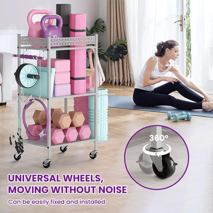 Home Gym Storage Rack, 3-Tier Yoga Mat Storage with Wheels & Hooks | 200 Lbs Steel Rack with Lockable Casters & Side Hooks. 3-Tier Fits Yoga Mats & Dumbbells — 10-Min Assembly