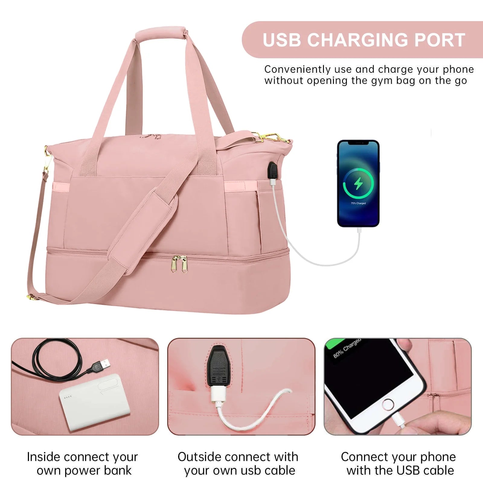 Travel Duffle Bag Set for Women 2 Pack, Large Waterproof Weekender Overnight Carry on with Toiletry Bag/Usb Charging Port/Wet Pocket/Shoe Compartment, Gym Hospital Labor Delivery Duffel Tote