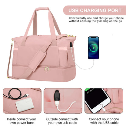 Travel Duffle Bag Set for Women 2 Pack, Large Waterproof Weekender Overnight Carry on with Toiletry Bag/Usb Charging Port/Wet Pocket/Shoe Compartment, Gym Hospital Labor Delivery Duffel Tote