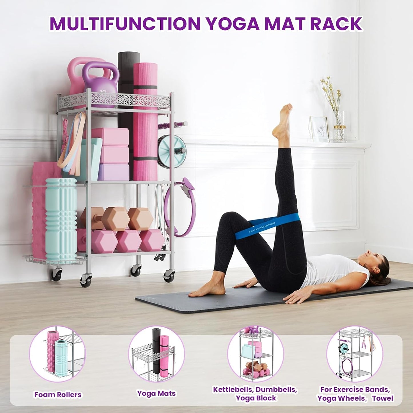 Home Gym Storage Rack, 3-Tier Yoga Mat Storage with Wheels & Hooks | 200 Lbs Steel Rack with Lockable Casters & Side Hooks. 3-Tier Fits Yoga Mats & Dumbbells — 10-Min Assembly