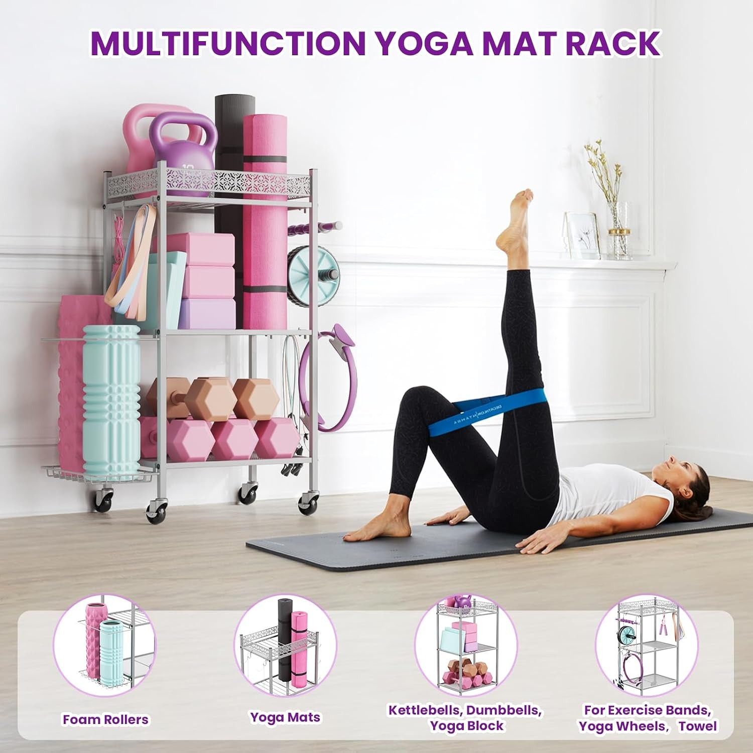 Home Gym Storage Rack, 3-Tier Yoga Mat Storage with Wheels & Hooks | 200 Lbs Steel Rack with Lockable Casters & Side Hooks. 3-Tier Fits Yoga Mats & Dumbbells — 10-Min Assembly
