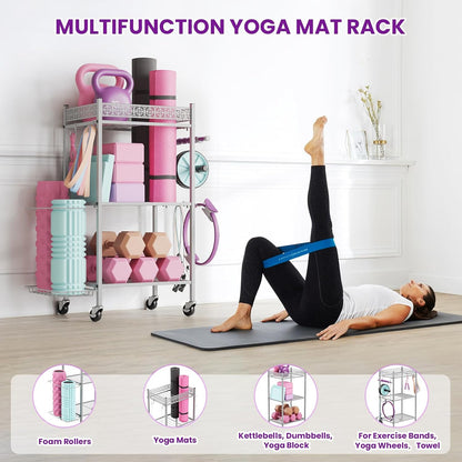 Home Gym Storage Rack, 3-Tier Yoga Mat Storage with Wheels & Hooks | 200 Lbs Steel Rack with Lockable Casters & Side Hooks. 3-Tier Fits Yoga Mats & Dumbbells — 10-Min Assembly