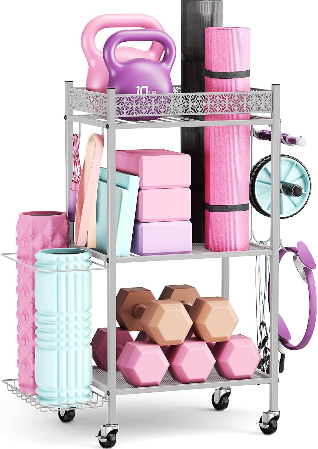 Home Gym Storage Rack, 3-Tier Yoga Mat Storage with Wheels & Hooks | 200 Lbs Steel Rack with Lockable Casters & Side Hooks. 3-Tier Fits Yoga Mats & Dumbbells — 10-Min Assembly