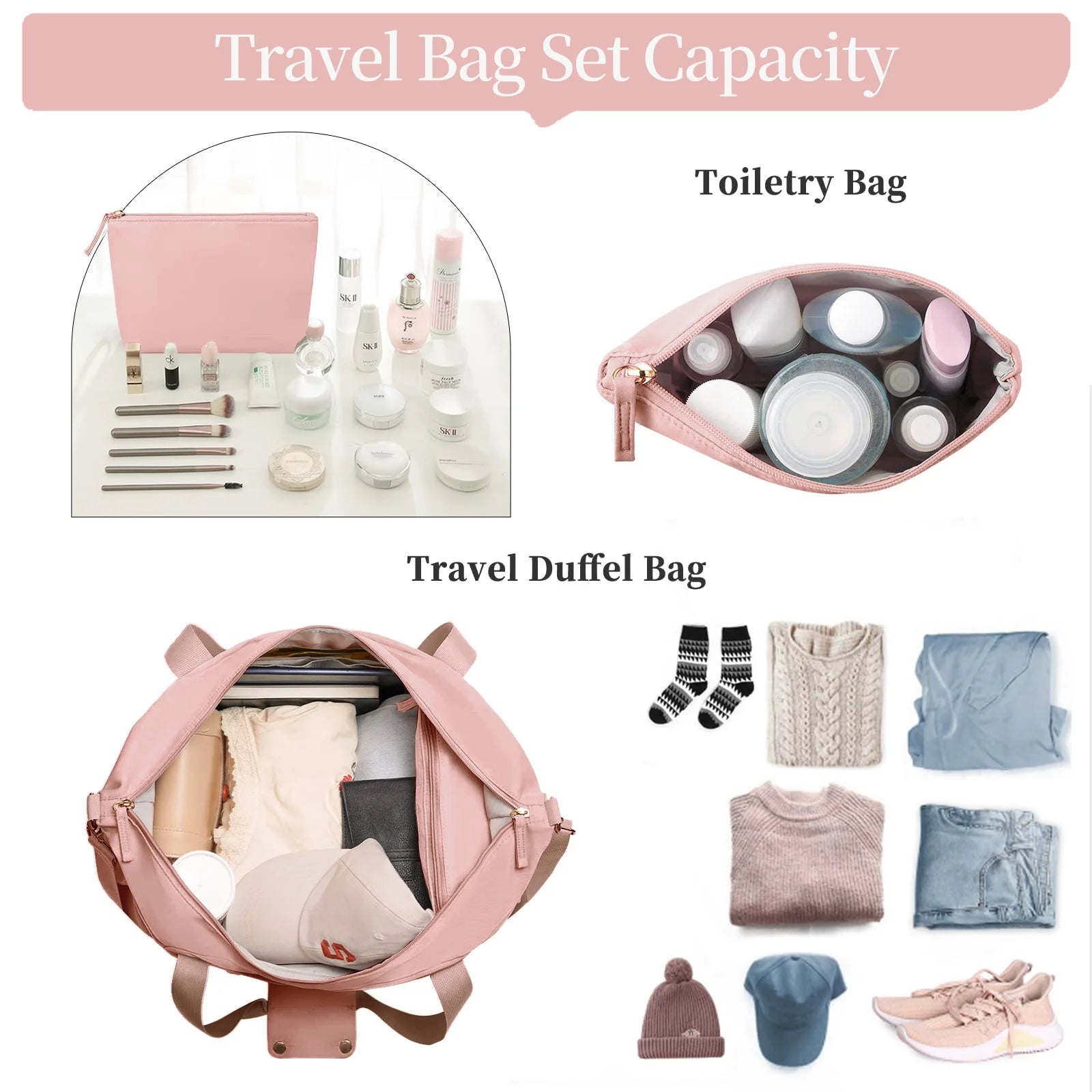 Travel Duffle Bag Set for Women 2 Pack, Large Waterproof Weekender Overnight Carry on with Toiletry Bag/Usb Charging Port/Wet Pocket/Shoe Compartment, Gym Hospital Labor Delivery Duffel Tote
