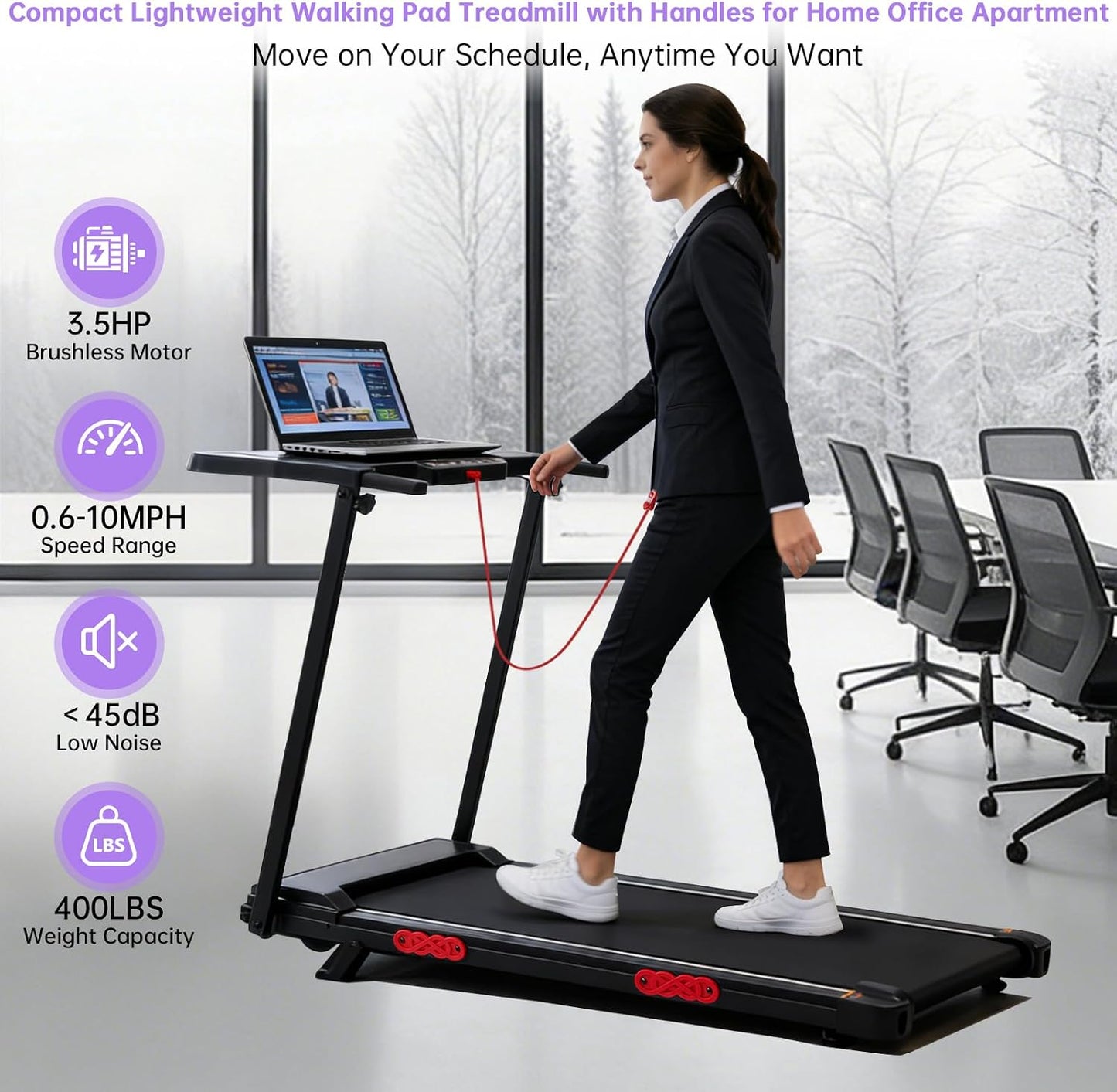 Electric Treadmill for Home Small, Walking Pad with Handle Bar, 3.5HP Portable Mini Treadmill for Home Exercising, Small Walking Pad Treadmill with Handle Bar and Incline, 0.6-10MPH, 400LBS