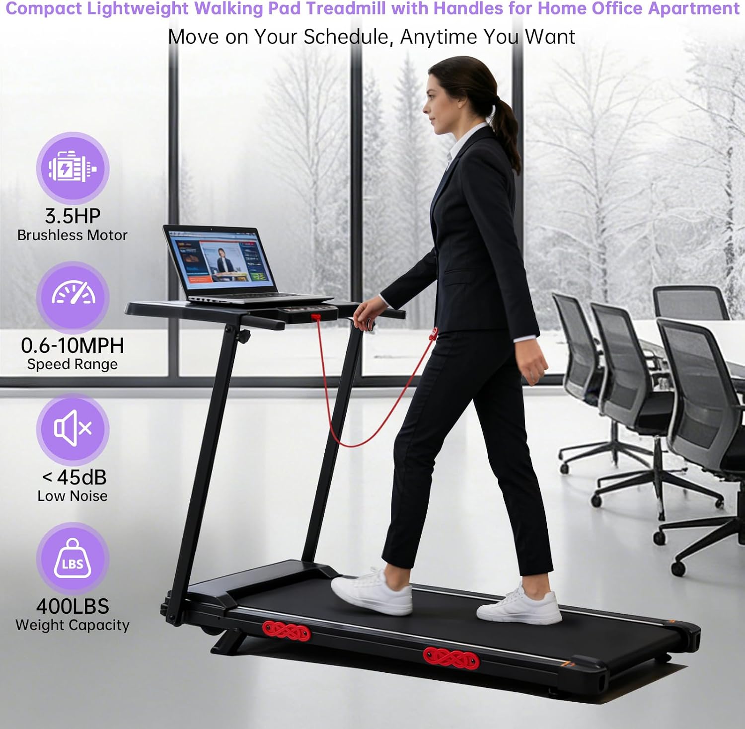 Electric Treadmill for Home Small, Walking Pad with Handle Bar, 3.5HP Portable Mini Treadmill for Home Exercising, Small Walking Pad Treadmill with Handle Bar and Incline, 0.6-10MPH, 400LBS