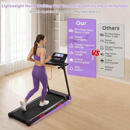 Electric Treadmill for Home Small, Walking Pad with Handle Bar, 3.5HP Portable Mini Treadmill for Home Exercising, Small Walking Pad Treadmill with Handle Bar and Incline, 0.6-10MPH, 400LBS