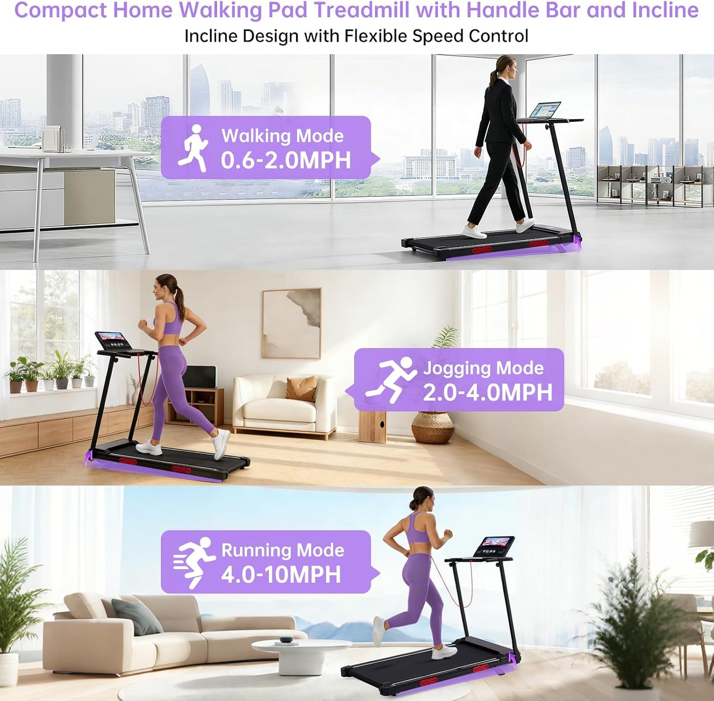 Electric Treadmill for Home Small, Walking Pad with Handle Bar, 3.5HP Portable Mini Treadmill for Home Exercising, Small Walking Pad Treadmill with Handle Bar and Incline, 0.6-10MPH, 400LBS
