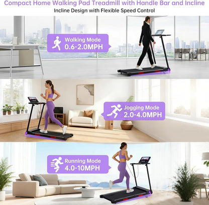 Electric Treadmill for Home Small, Walking Pad with Handle Bar, 3.5HP Portable Mini Treadmill for Home Exercising, Small Walking Pad Treadmill with Handle Bar and Incline, 0.6-10MPH, 400LBS
