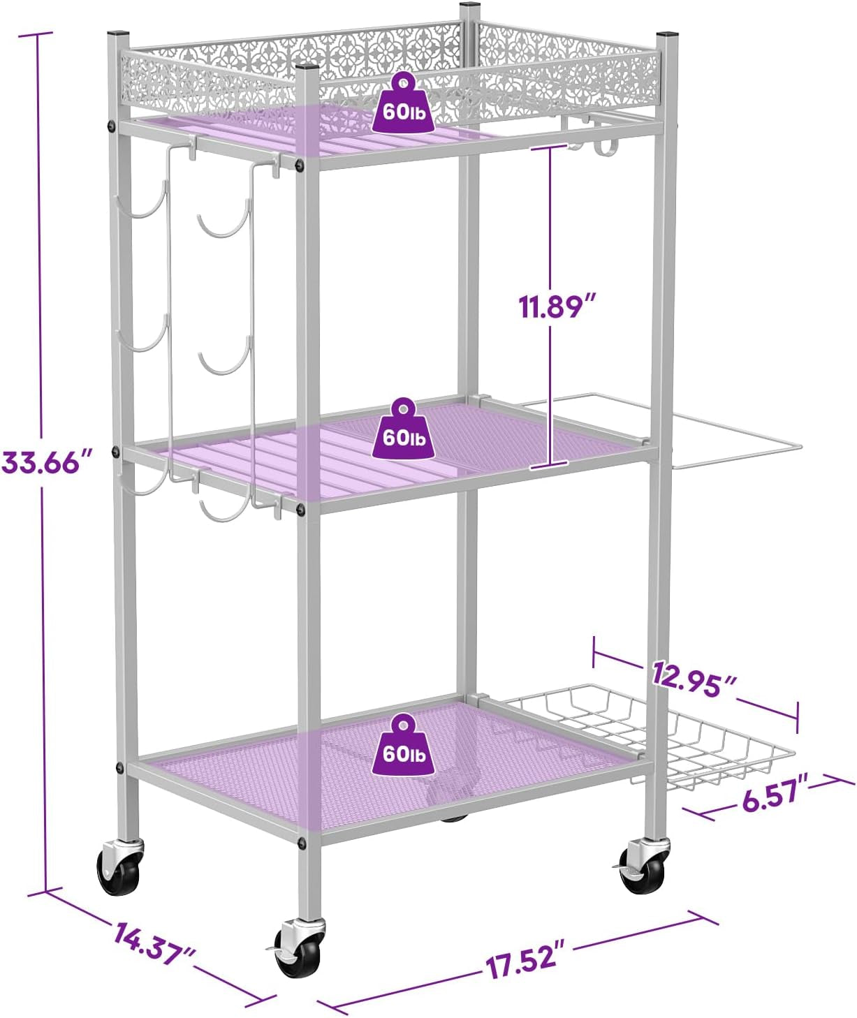 Home Gym Storage Rack, 3-Tier Yoga Mat Storage with Wheels & Hooks | 200 Lbs Steel Rack with Lockable Casters & Side Hooks. 3-Tier Fits Yoga Mats & Dumbbells — 10-Min Assembly