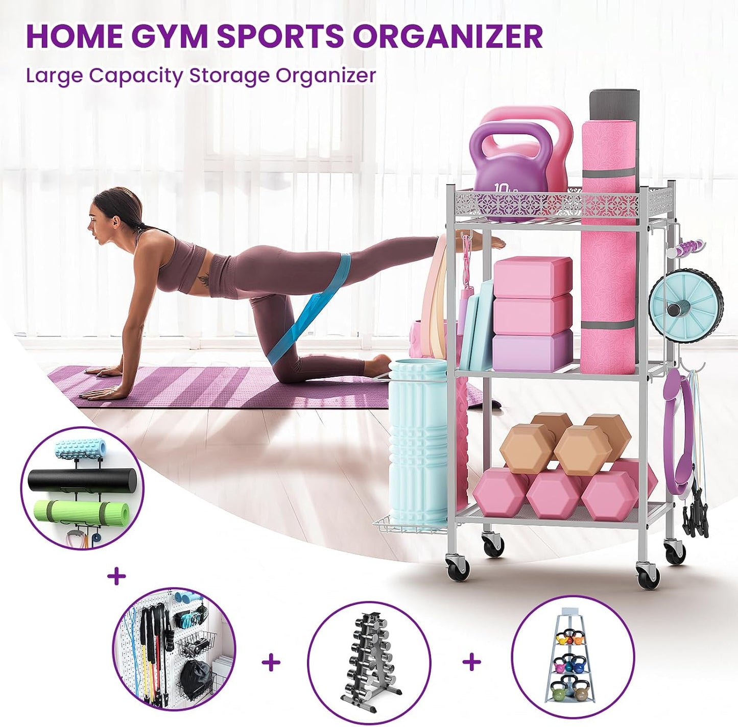 Home Gym Storage Rack, 3-Tier Yoga Mat Storage with Wheels & Hooks | 200 Lbs Steel Rack with Lockable Casters & Side Hooks. 3-Tier Fits Yoga Mats & Dumbbells — 10-Min Assembly