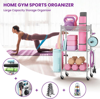 Home Gym Storage Rack, 3-Tier Yoga Mat Storage with Wheels & Hooks | 200 Lbs Steel Rack with Lockable Casters & Side Hooks. 3-Tier Fits Yoga Mats & Dumbbells — 10-Min Assembly