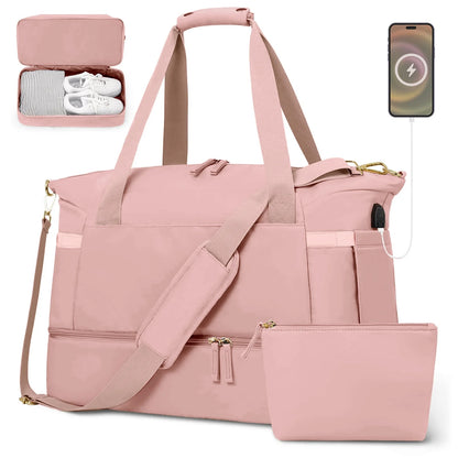 Travel Duffle Bag Set for Women 2 Pack, Large Waterproof Weekender Overnight Carry on with Toiletry Bag/Usb Charging Port/Wet Pocket/Shoe Compartment, Gym Hospital Labor Delivery Duffel Tote