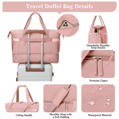 Travel Duffle Bag Set for Women 2 Pack, Large Waterproof Weekender Overnight Carry on with Toiletry Bag/Usb Charging Port/Wet Pocket/Shoe Compartment, Gym Hospital Labor Delivery Duffel Tote