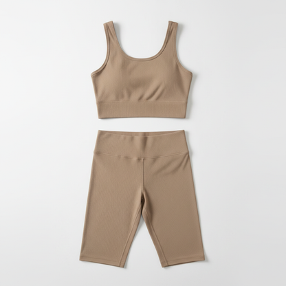 Women's yoga set with quick-dry tank top and high waist mid-length pants in solid color activewear